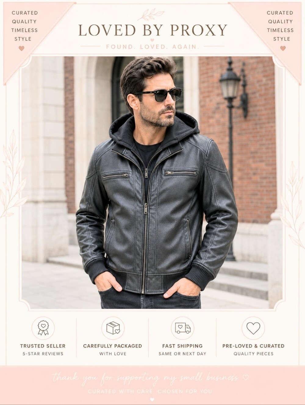 GUESS Men’s Black Faux Leather Hooded Moto Bomber Jacket L